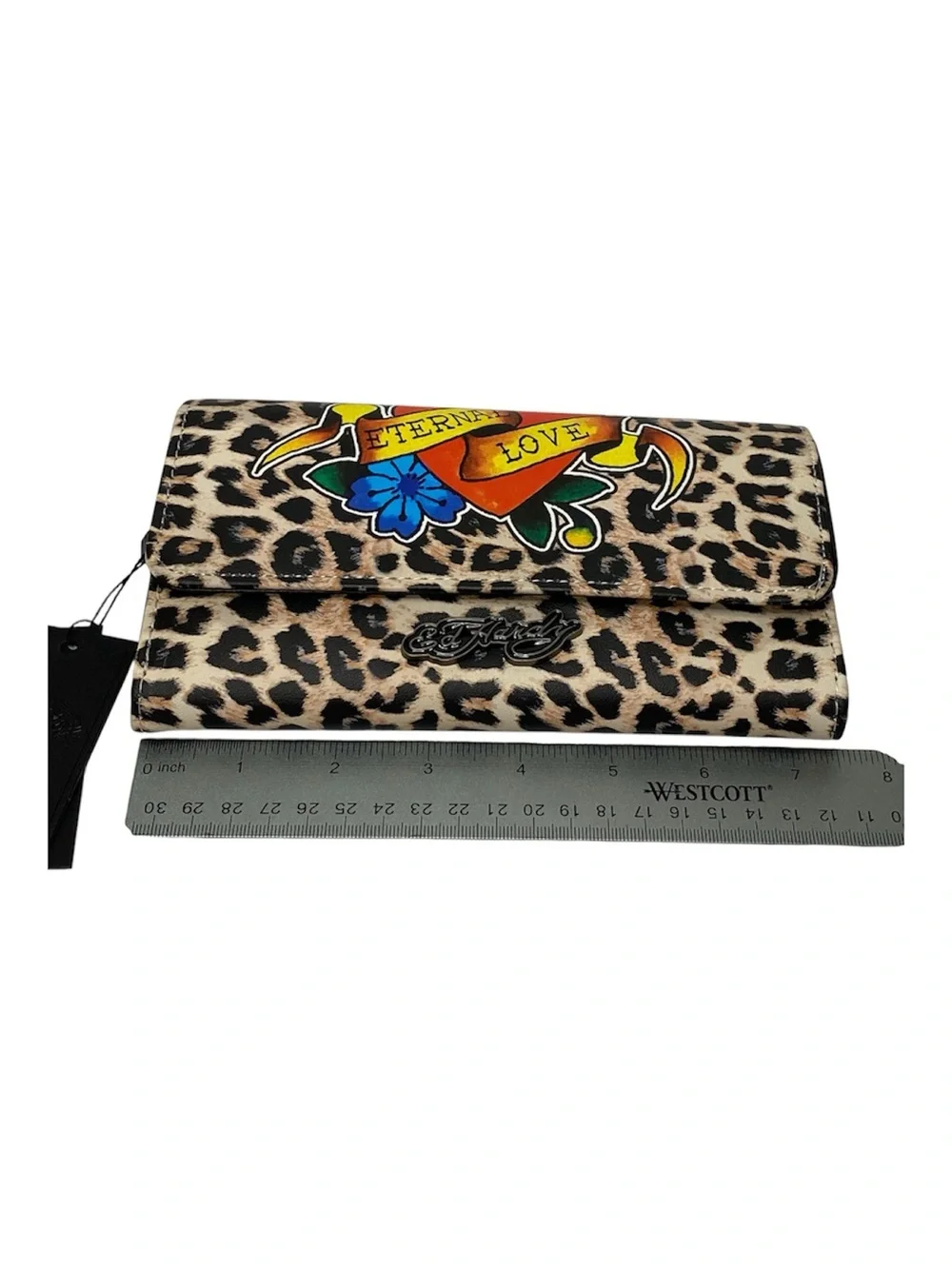 Ed Hardy Leopard Print Wallet with Red & Yellow Heart Tattoo Graphic - Picture 6 of 6